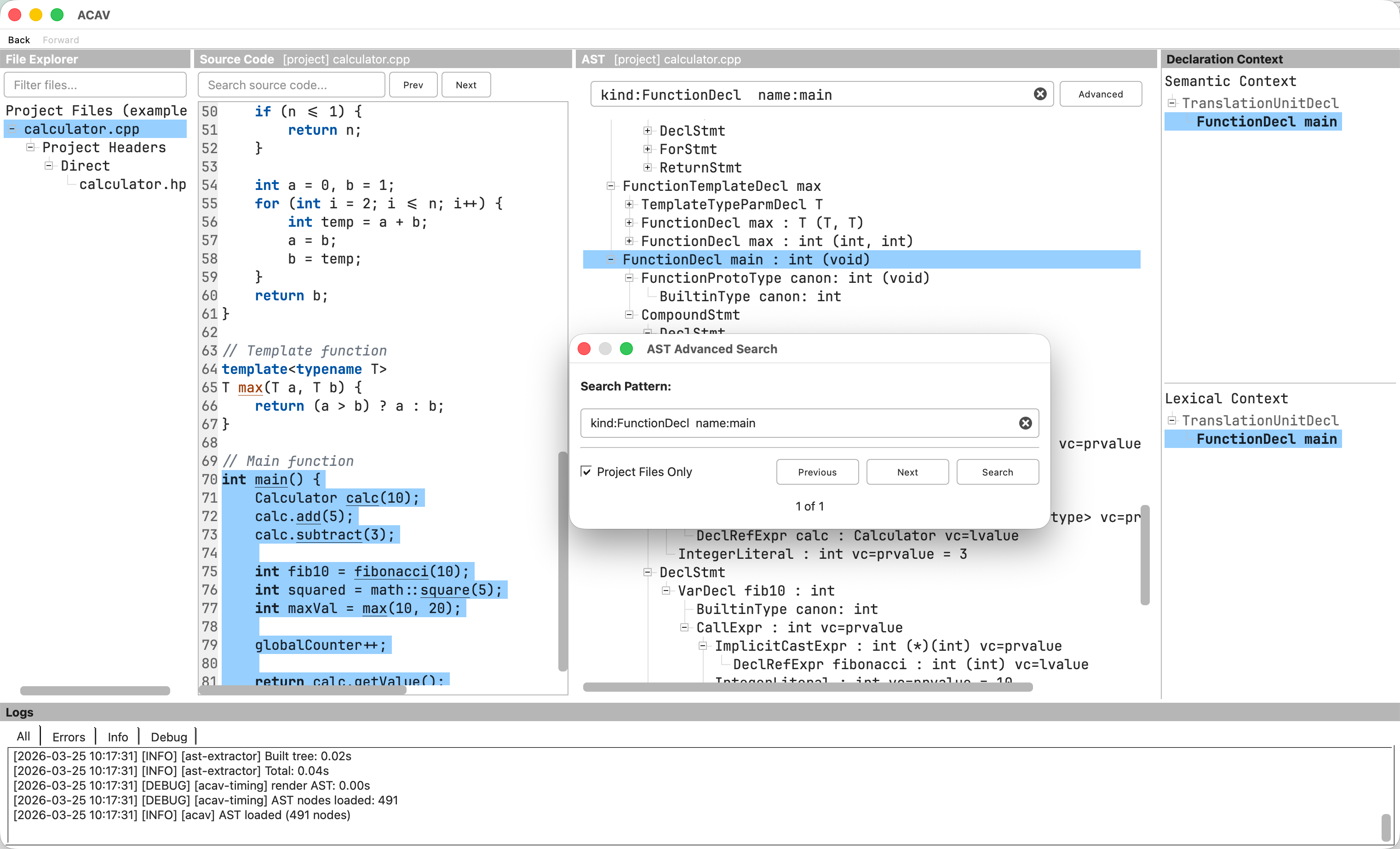 The AST search dialog showing a qualified query, filtering to project files only, and highlighting the matching FunctionDecl in the tree.