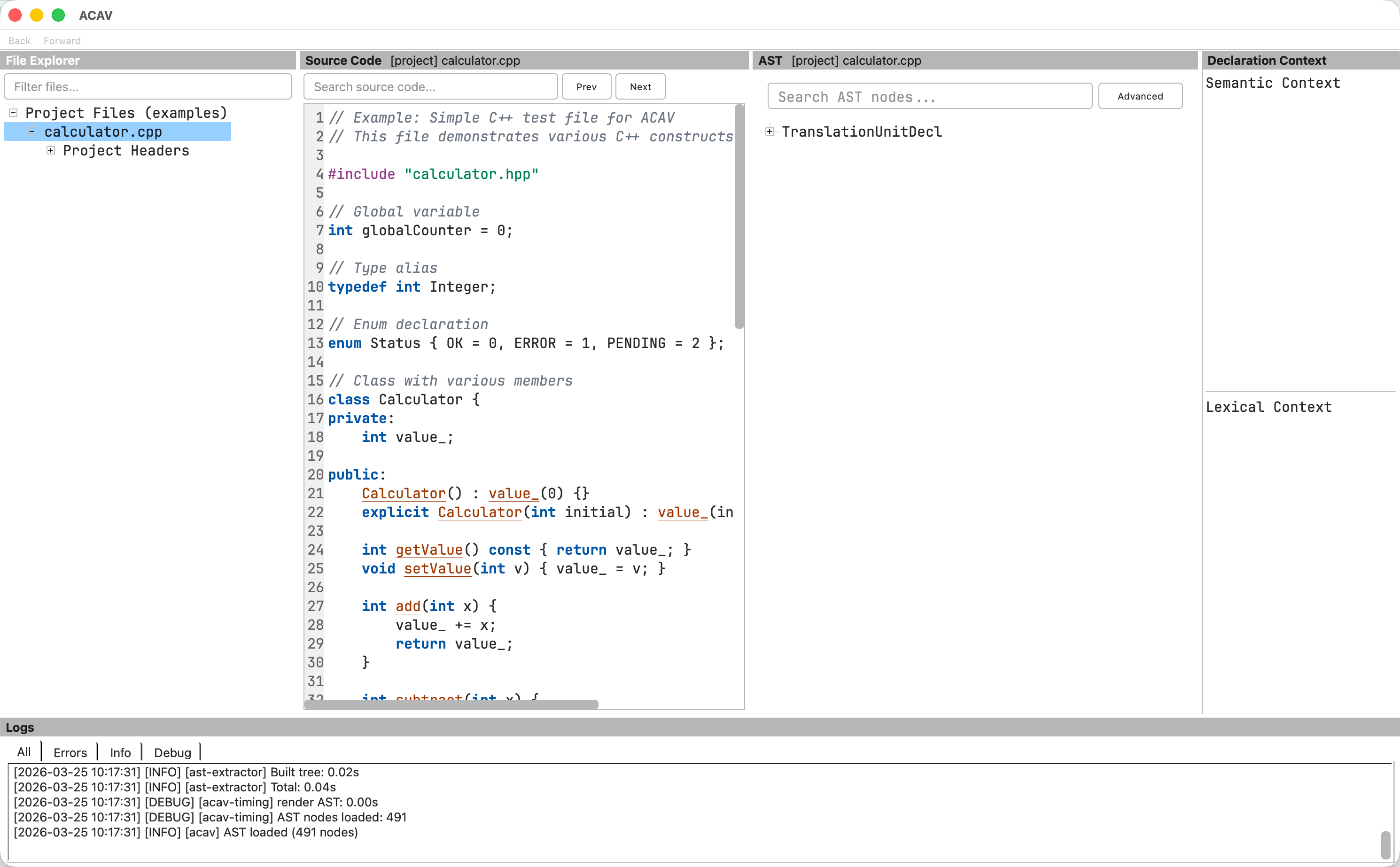 The ACAV main window with a sample project loaded, showing the five dock panels.