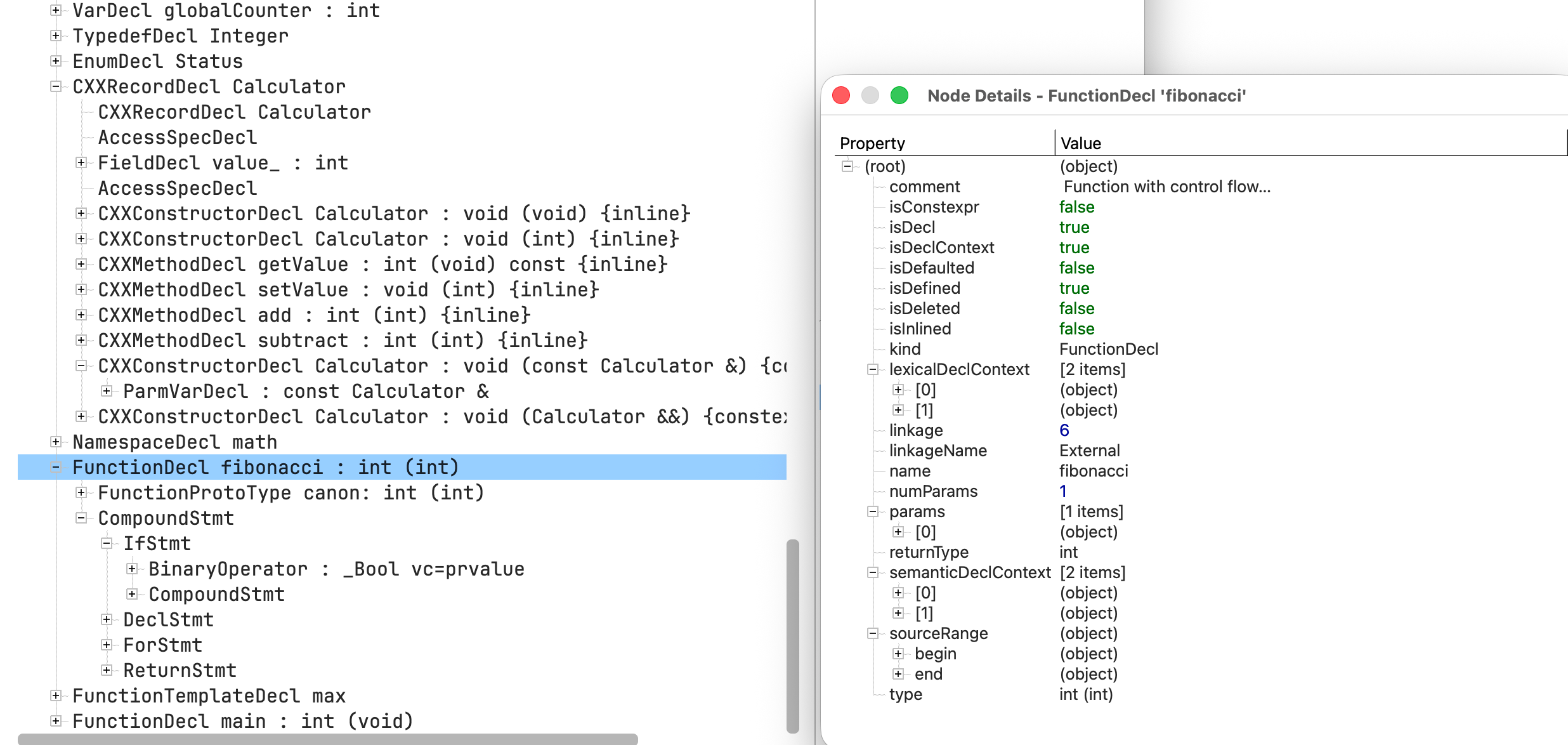 The Node Details dialog for a FunctionDecl node, showing extracted properties such as return type, linkage, and boolean attributes.
