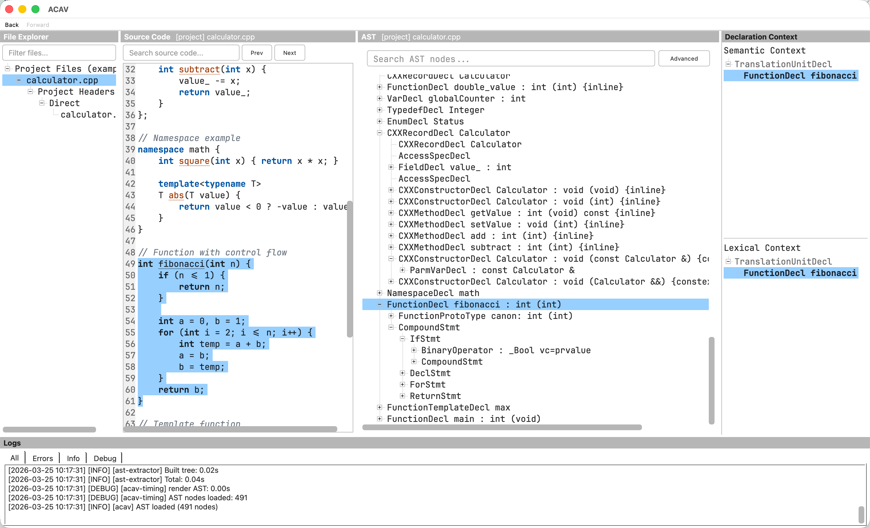 Bidirectional navigation between the source code and AST panels, with the selected source range linked to the matching AST node and declaration context.